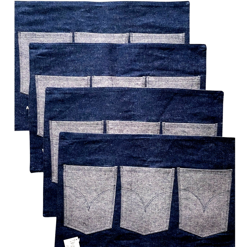 Manual Set of 4 Heavy Duty Denim Placemats 3 Utensil Pockets Blue Cotton 13"x18"